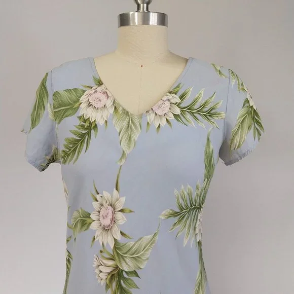 Vintage Kaua'iana Hawaiian Midi Dress Size M Petite Blue Floral Tropical *FLAWS - Picture 2 of 14